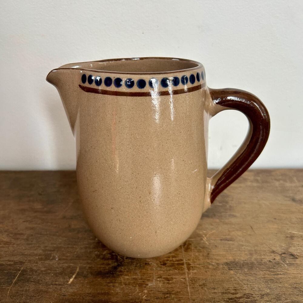 Vintage 1970s Tonala Pottery Pitcher Brown Blue | Mexican Folk Art Jug